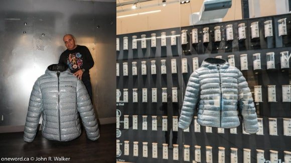 a huge grey 3D printed coat, with another image of the coat on the right